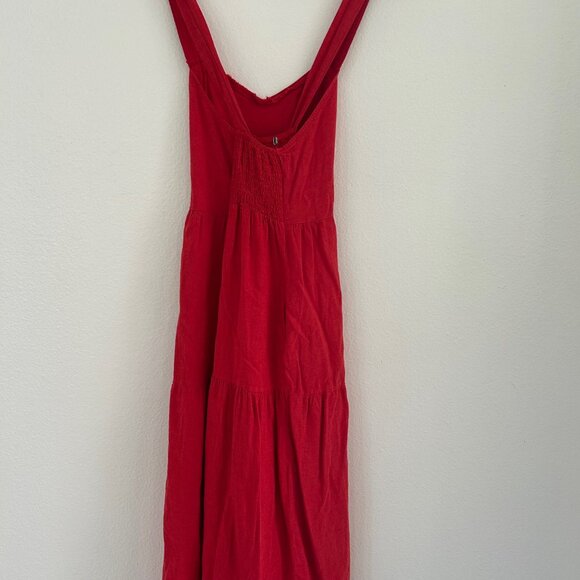 Linen Dress Cross Back Tiered Red Midi Pockets Sweetheart Neck Boho Beach Resort - Picture 5 of 7
